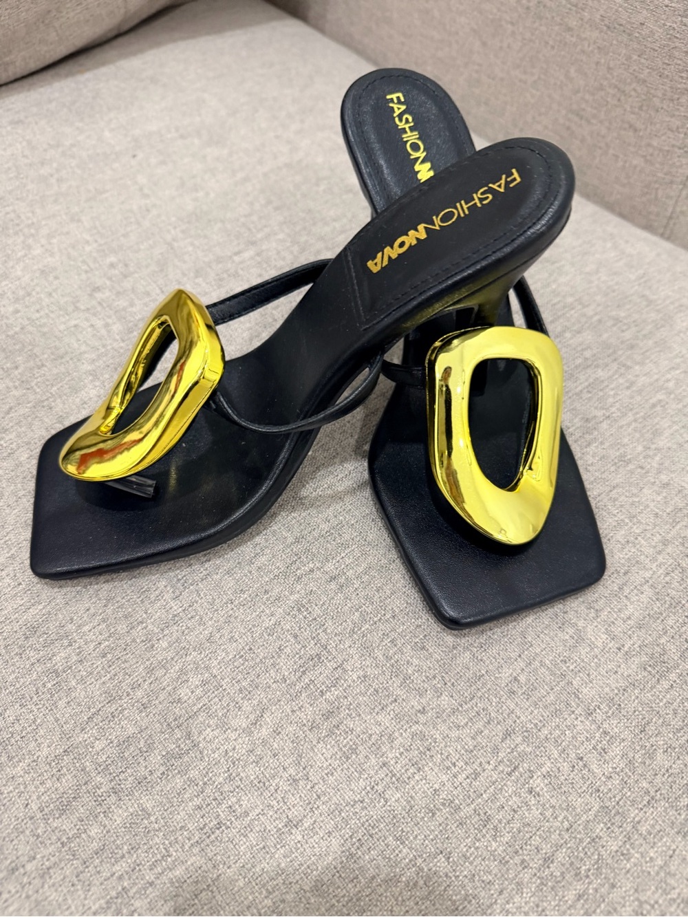 Fashion Nova Black Heeled Sandals with Gold Accent